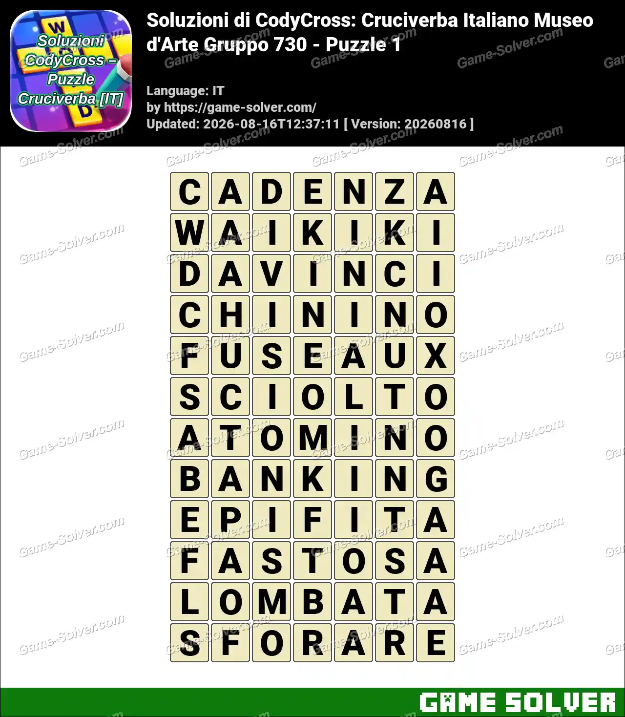 Soluzioni di CodyCross: Cruciverba Italiano Museo d’Arte Gruppo 730 – Puzzle 1